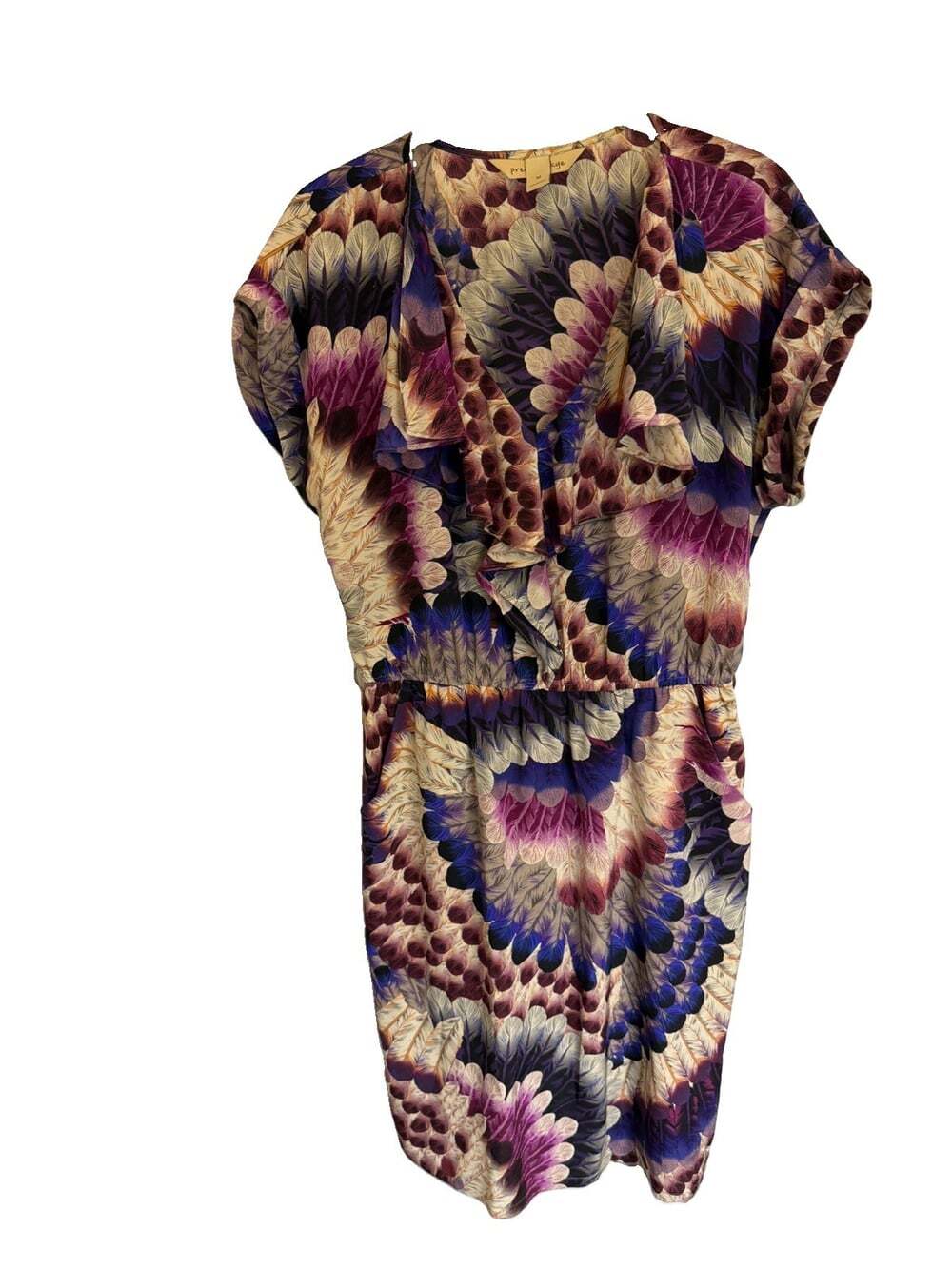 Y2K Presley Skye 100% Silk Peacock Feather Print Ruffle V-Neck Dress M Bust 38”